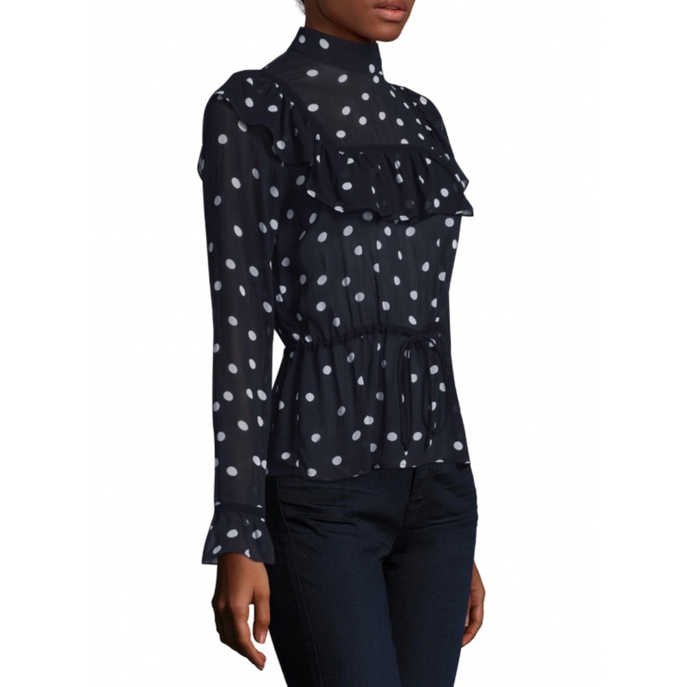 GANNI Marceau Ruffled Navy & White Polka-dot Georgette Blouse